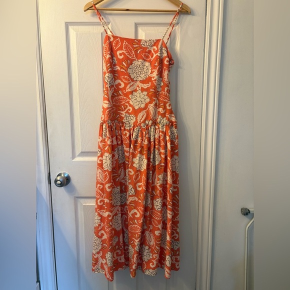 Zara drop waist printed midi dress coral orange size small - Picture 4 of 16